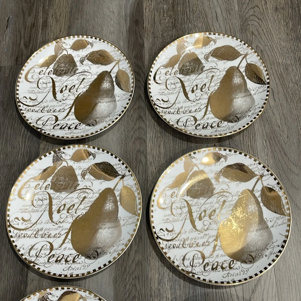 Restoration Hardware Christmas 8”Plates Holiday Gold Pear Noel Peace Set